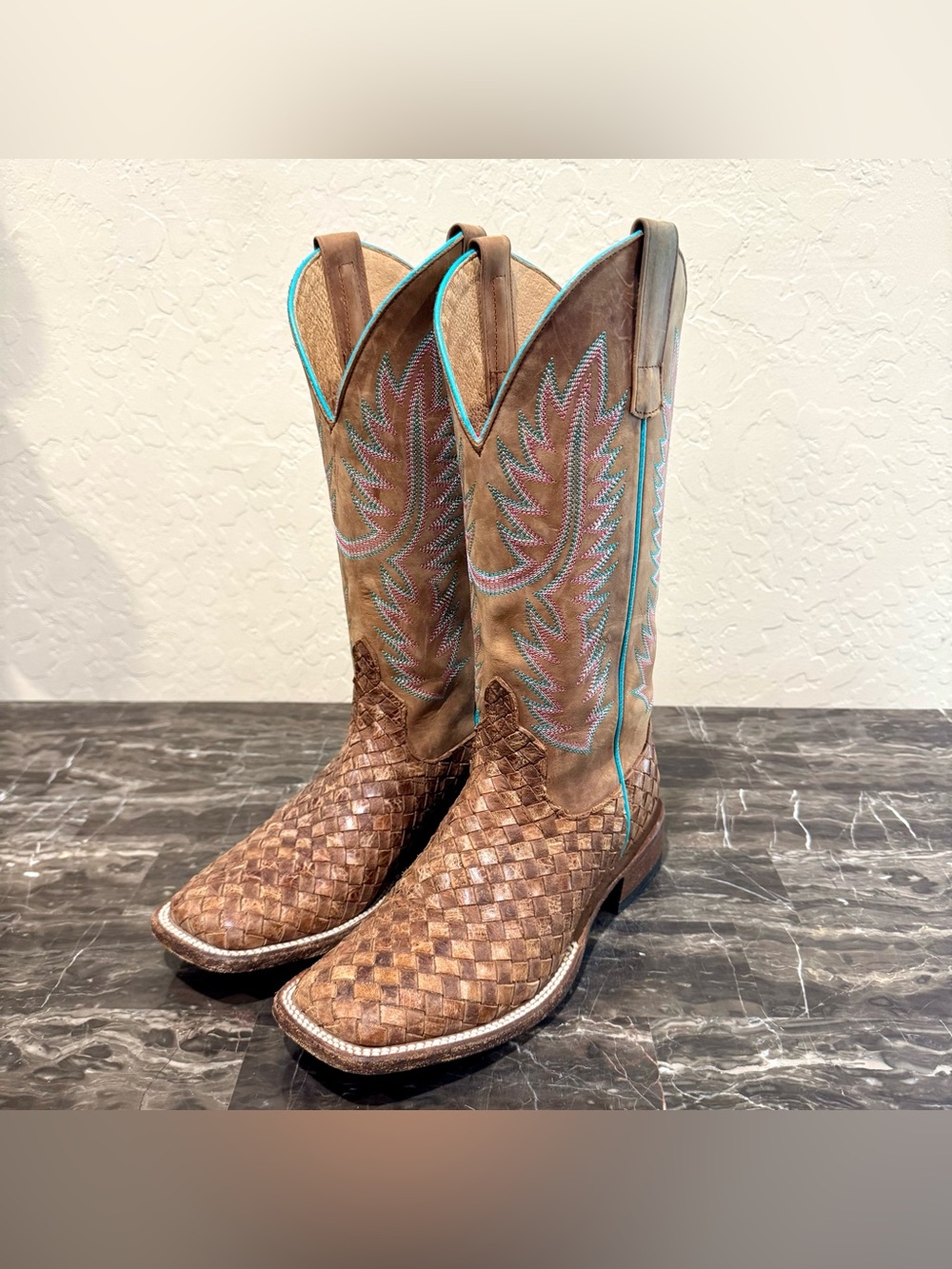 Macie Bean Toast & Honey Woven Leather Square Toe Cowboy Boots
